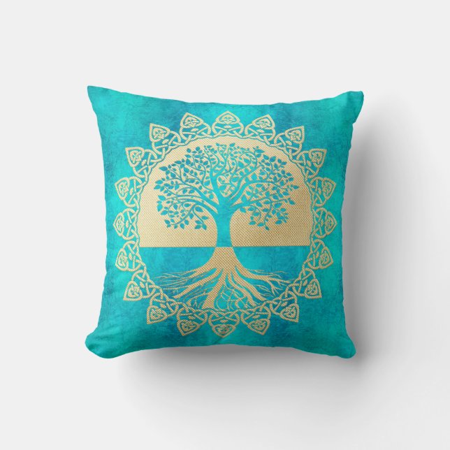 Gold Tree Of Life on Turquoise Throw Pillow (Front)