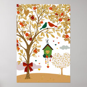 Gold Tree of Love Bird Couple Kissing  Poster