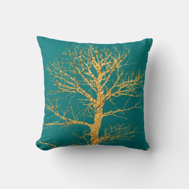 Gold Tree on Teal Throw Pillow (Front)