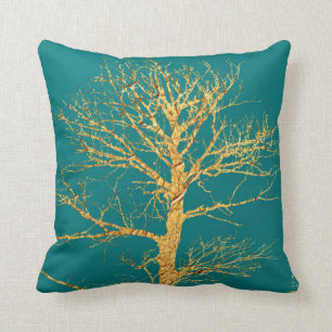 Gold Tree on Teal Throw Pillow