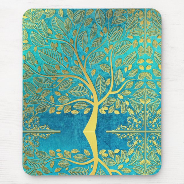 Gold tree reflection on Blue Peacock Mouse Pad (Front)