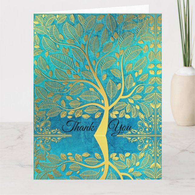 Gold tree reflection on Blue Peacock  Thank You Card (Front)