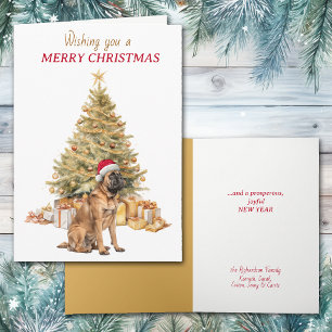 Gold Tree Santa Hat Mastiff Dog Christmas Card