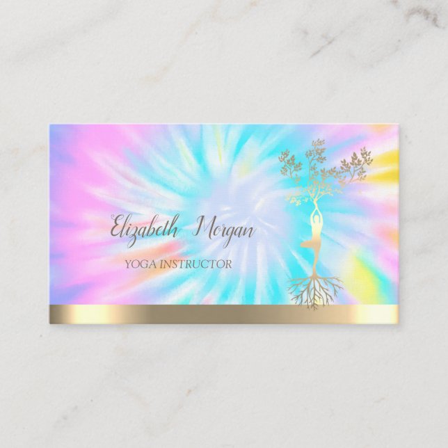 Gold Tree Silhouette,Yoga Instructor Tie Dye Business Card (Front)