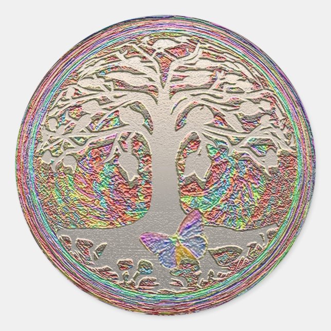 Gold Tree with Butterly Classic Round Sticker (Front)