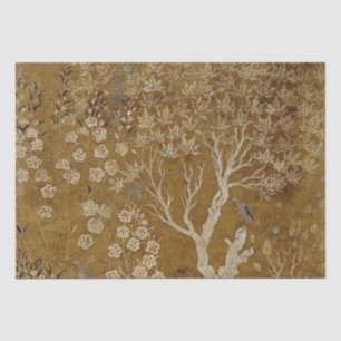Gold Trees and Birds Vintage Scene Decoupage Tissue Paper
