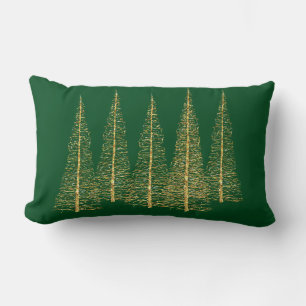Gold Trees on Green Christmas Lumbar Throw Pillow