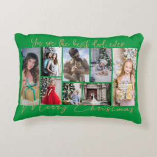 Gold Trendy Family Merry Christmas Photo Collage Accent Pillow