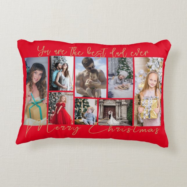Gold Trendy Family Merry Christmas Photo Collage Accent Pillow (Back)