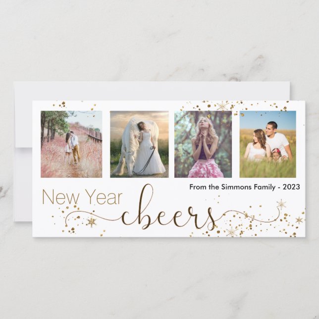 Gold Trendy New Year Cheers Photo Collage Holiday Card (Front)