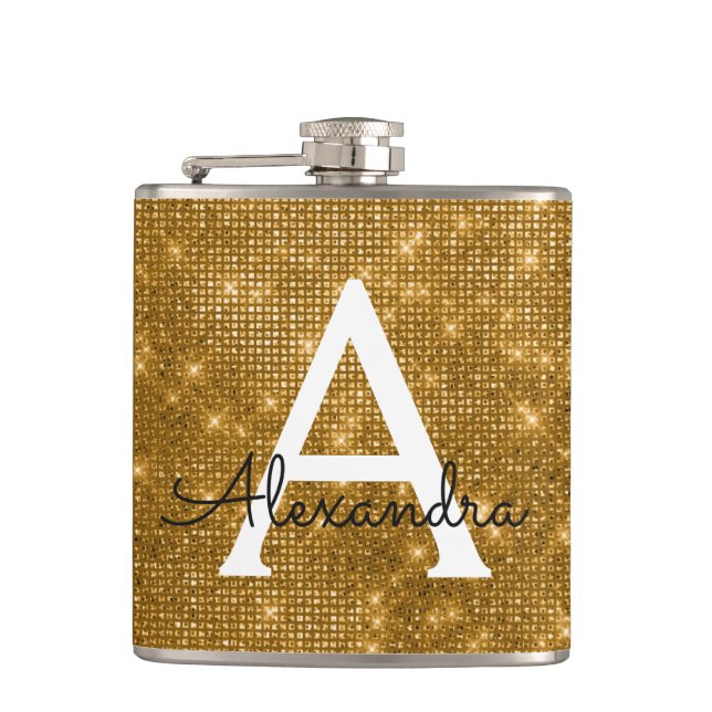 Gold Trendy Sparkle Monogram Initial Hip Flask (Front)