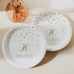 Gold Triangles 90th Birthday Party White Paper Plate<br><div class="desc">Help her celebrate her 90th birthday in style with this simple but elegant design, featuring faux gold foil triangular confetti sifting down on the number "90" in gold handwriting font on a white background. Personalize it with the name of the honoree in gold sans serif font, along with the occasion...</div>