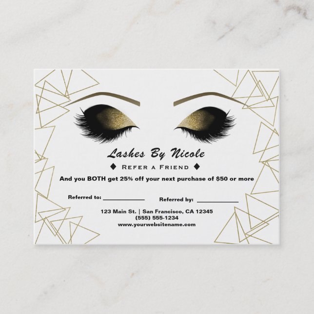 Gold Triangles Eyelashes Refer Friend Aftercare Referral Card (Front)