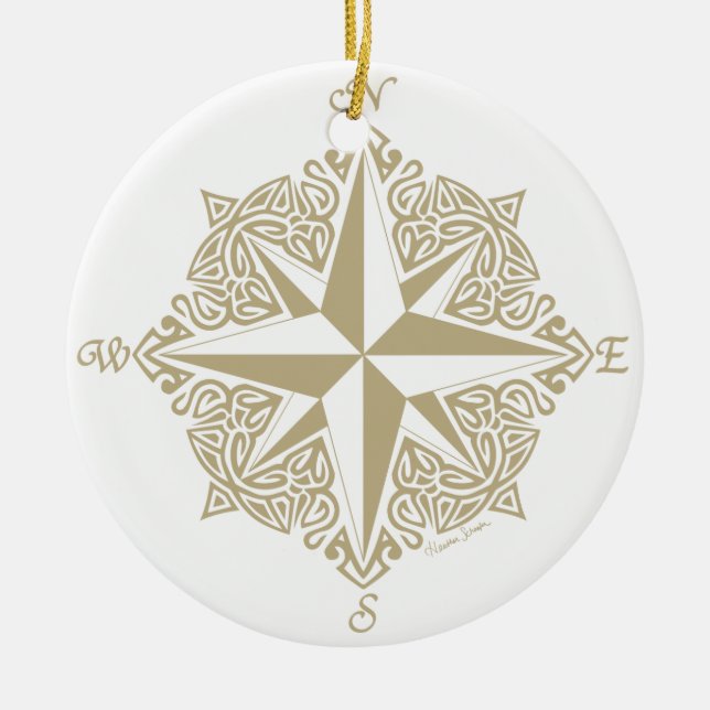 Gold Tribal Compass Rose Ceramic Ornament (Front)