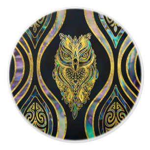 Gold Tribal Owl on Boho Abalone Pattern Ceramic Knob