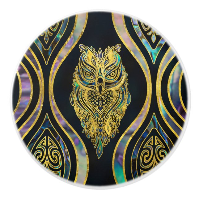 Gold Tribal Owl on Boho Abalone Pattern Ceramic Knob (Front)
