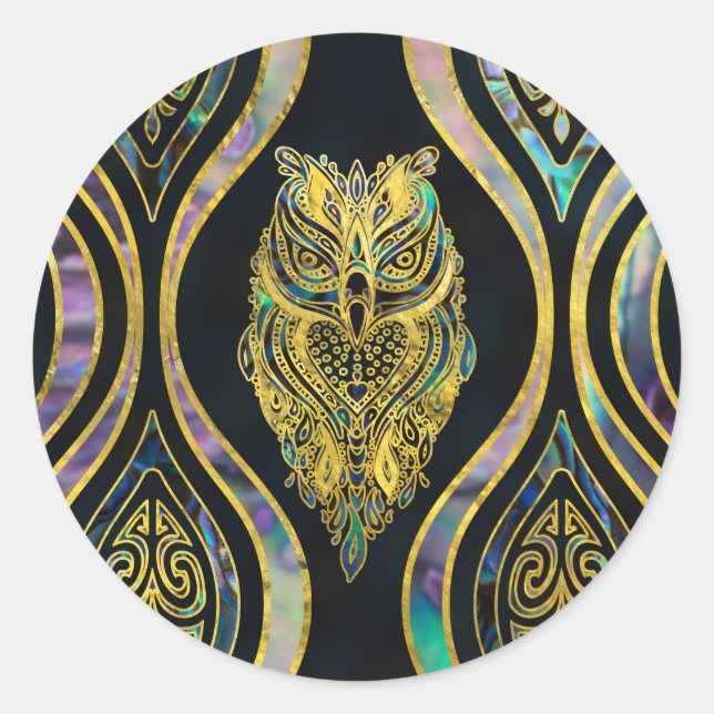 Gold Tribal Owl on Boho Abalone Pattern Classic Round Sticker (Front)