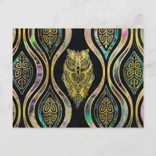 Gold Tribal Owl on Boho Abalone Pattern Postcard