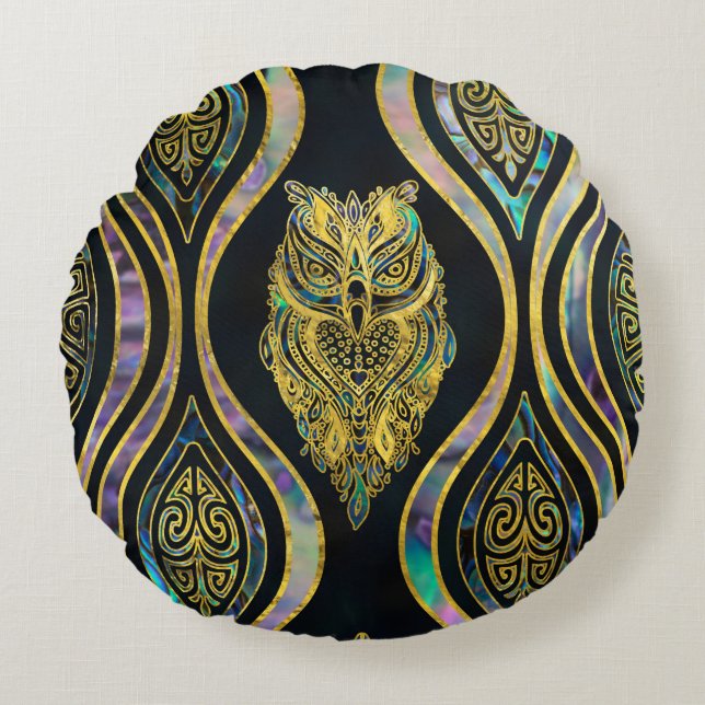 Gold Tribal Owl on Boho Abalone Pattern Round Pillow (Front)