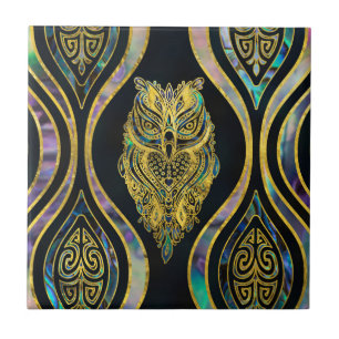 Gold Tribal Owl on Boho Abalone Pattern Tile
