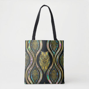 Gold Tribal Owl on Boho Abalone Pattern Tote Bag