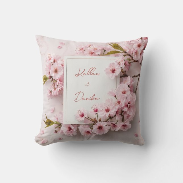Gold Trim Pink Cherry Blossom Marble Square Frame Throw Pillow (Front)