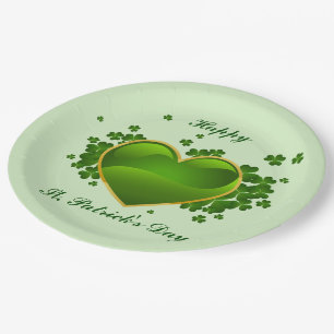 Gold-Trimmed Green Heart with Shamrocks Paper Plate