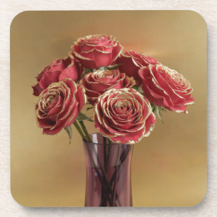 Gold Trimmed Red Roses Coaster Set
