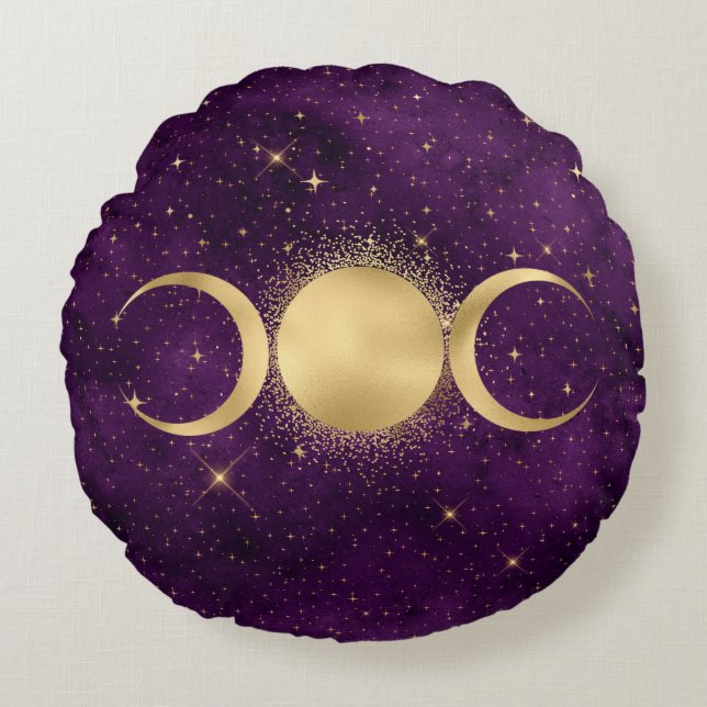 Gold Triple Moon Celestial Stars Purple Round Pillow (Front)