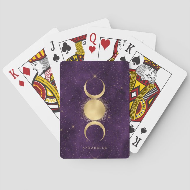Gold Triple Moon Purple Starry Sky Personalized Playing Cards (Back)