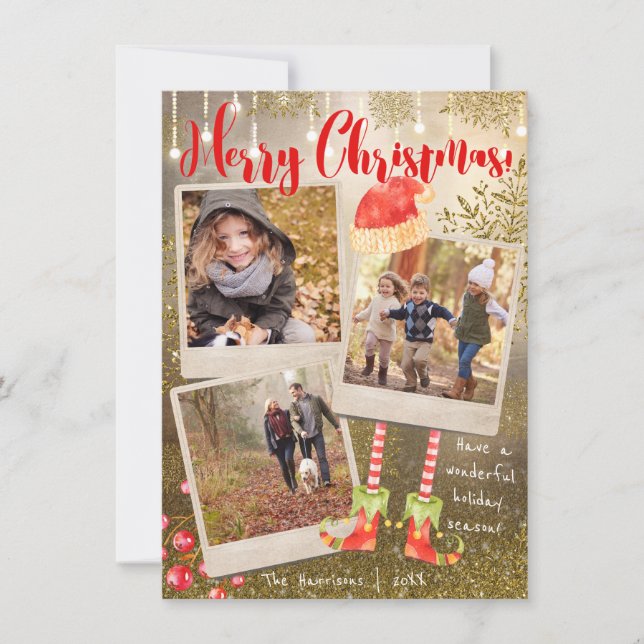 Gold Triple Photo Collage Christmas Holiday Card (Front)
