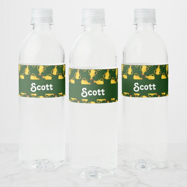 Gold trophies on green pattern water bottle label (Bottles)