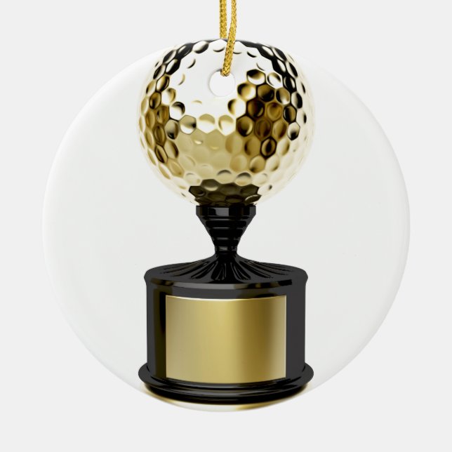 Gold trophy with golf ball ceramic ornament (Front)