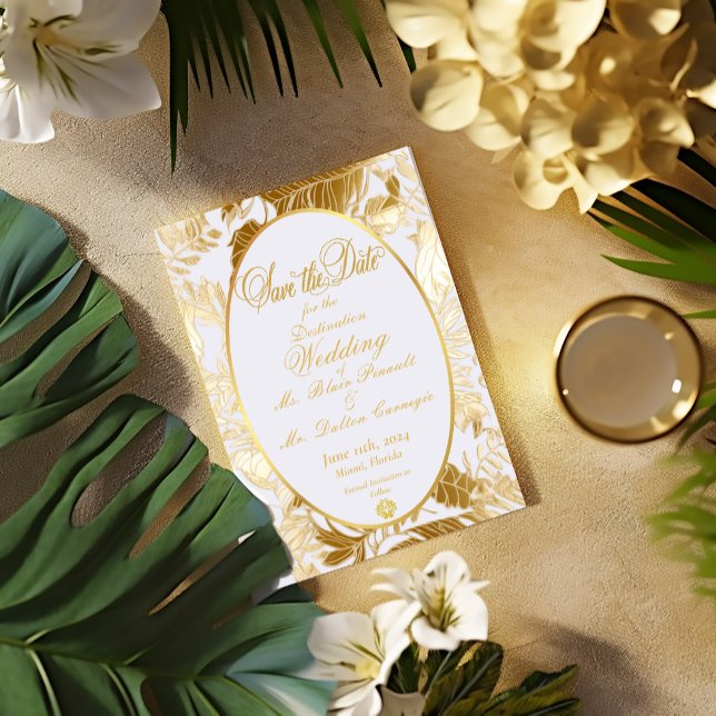 Gold Tropical Destination Wedding Save the Date RSVP Card (Stunning and Elegant Formal Destination Wedding Tropical Gilded Gold Monstera Leaf Save the Date  )