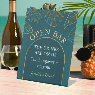 Gold Tropical Floral Open Bar Teal Wedding Pedestal Sign