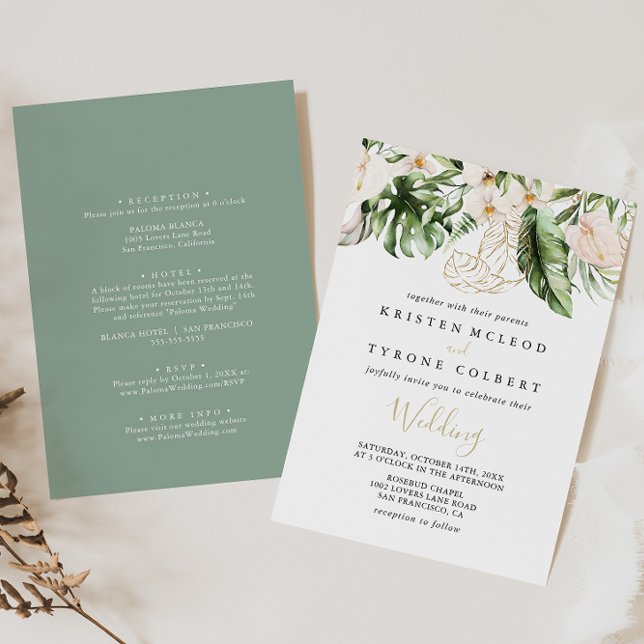 Gold Tropical Foliage Floral Front & Back Wedding  Invitation (Creator Uploaded)