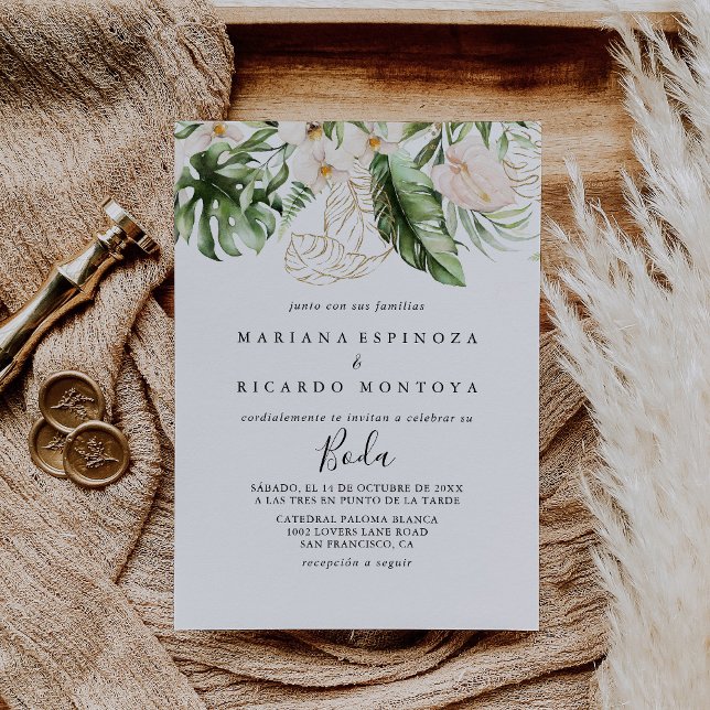 Gold Tropical Foliage Floral Spanish Wedding  Invitation (Creator Uploaded)