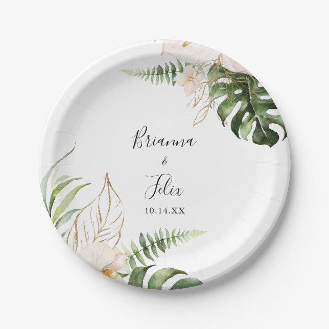 Gold Tropical Foliage Floral Wedding Cake  Paper Plate (Front)