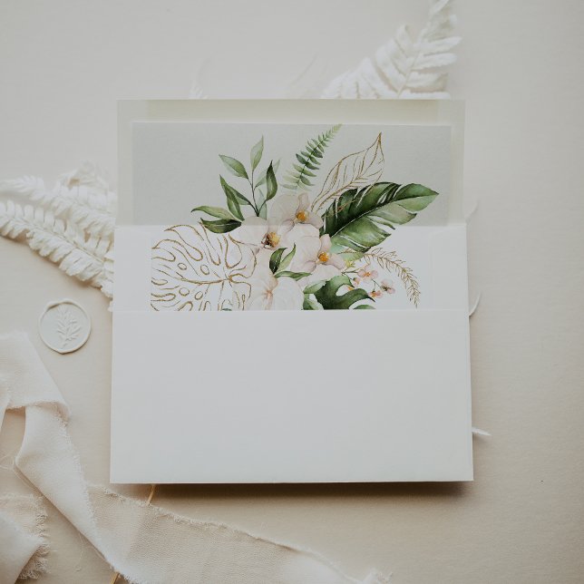 Gold Tropical Foliage Floral Wedding Invitation  Envelope (Creator Uploaded)