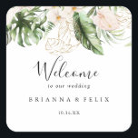 Gold Tropical Foliage Floral Wedding Welcome  Square Sticker<br><div class="desc">This gold tropical foliage floral wedding welcome square sticker is perfect for a rustic wedding. The design features hand-painted watercolor gold and tropical green foliage with elegant blush flowers.

These labels are perfect for hotel guest welcome bags and destination weddings.</div>