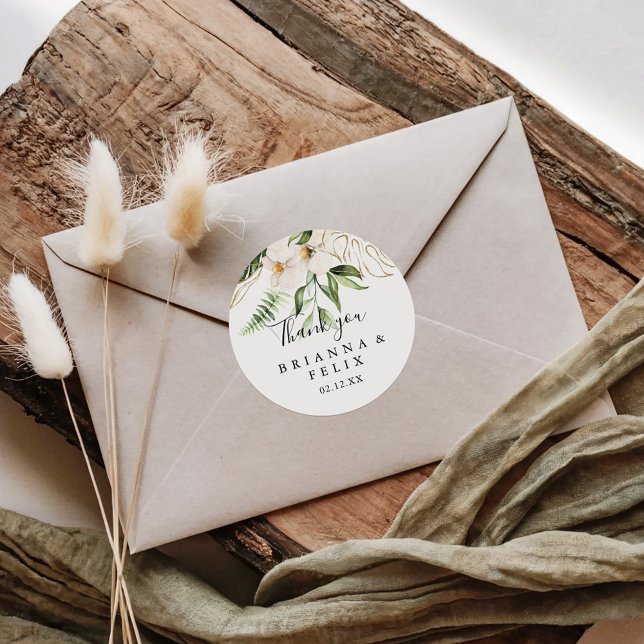 Gold Tropical Foliage Thank You Wedding Favour  Classic Round Sticker (Creator Uploaded)