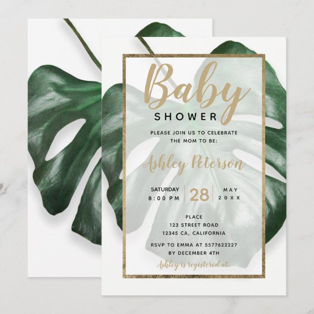 Gold tropical green monstera leaf baby shower invitation (Front/Back)