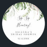 Gold Tropical Green Sip Sip Hooray Bridal Shower Classic Round Sticker<br><div class="desc">This gold tropical green sip sip hooray bridal shower favour sticker is perfect for a modern wedding shower. The design features hand-painted watercolor gold and green palm and banana leaves with pink flowers neatly arranged into beautiful bouquets.</div>