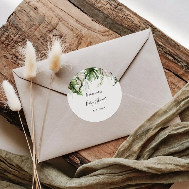Gold Tropical Greenery Baby Shower Favour Classic Round Sticker (Creator Uploaded)