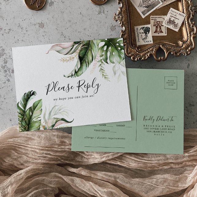 Gold Tropical Greenery Menu Choice RSVP Postcard (Creator Uploaded)