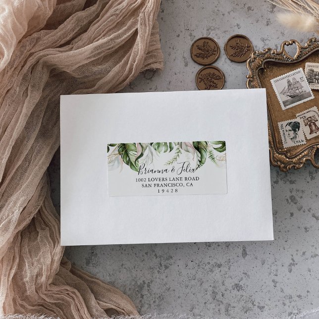 Gold Tropical Greenery Wedding RSVP Address Label (Creator Uploaded)