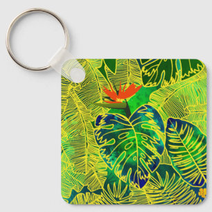 Gold Tropical Jungle Green Leaves Watercolor Keychain