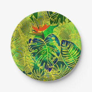 Gold Tropical Jungle Green Leaves Watercolor Paper Plate