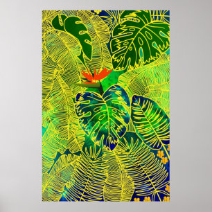 Gold Tropical Jungle Green Leaves Watercolor Poster