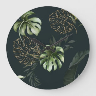 Gold Tropical Leaves: Dark Watercolor Large Clock